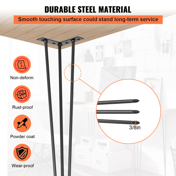 24 Inch Heavy-Duty Hairpin Table Legs 4-Pack - 880 lb Total Capacity (220 lb Each) - 3-Bar Carbon Steel Construction for Dining Table, Long Desk & Chairs - DIY Furniture Legs in Black Matte Finish