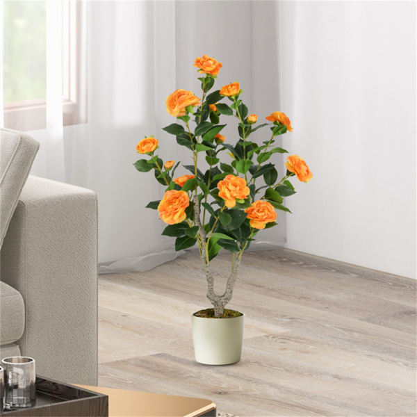 2 Pack Orange Artificial Camellia Tree with Blooming Flower 