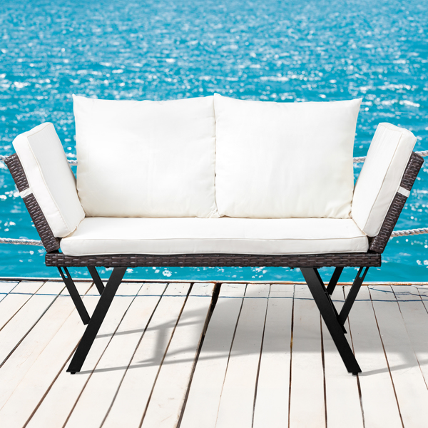 Outdoor Sofa, Woven Rattan Patio Furniture, Convertible Daybed or Double Chair with Adjustable Armrests, Cushions and Pillows for Yard Porch Pool, Gray Lounger & Beige Cushion
