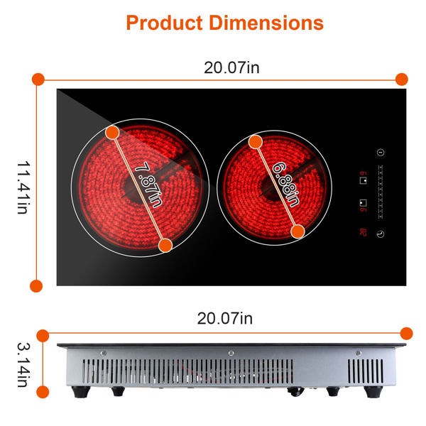 Dual Induction Burners Electric Cooktop 110V Total 1900W Electric Stove Built-in Electric Ceramic Stove with Timer Setting 9 Firepower Levels Over Heating Protection