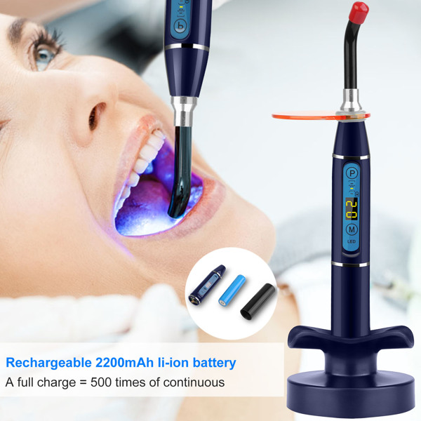 Cordless dental LED curing light features constant high light output for fast and smooth resin material curing including composites and sealants.