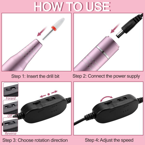 30000rpm USB USB指甲钻机用于丙烯酸指甲凝胶抛光磨制平滑愈伤组织修指甲机甲美术沙龙设备（粉红色）-4