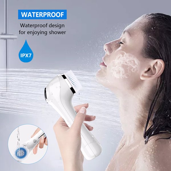 Facial Cleansing Brush, Brush for Exfoliating, IPX7 Waterproof 3 in 1 for Massaging, Deep Cleansing Rechargeable with 4 Brush Head Replacements, White