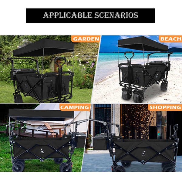 Foldable Wagon with Removable Canopy & Cooler Bag - Heavy Duty Collapsible Wagon Utility Cart with 4