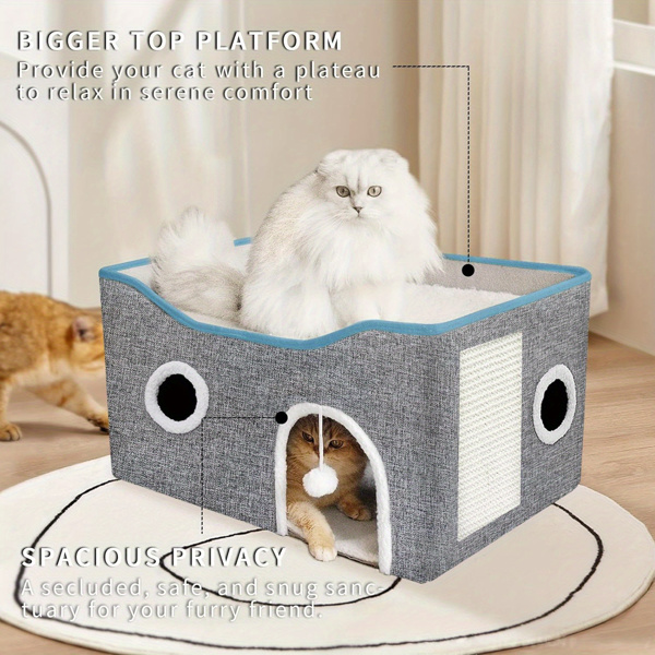 Extra-Wide Cat House for Indoor Cats - Large Cat Cave for Pet Cat House with Fluffy Ball Hanging and Scratch Pad, Foldable Cat Hideaway for Multi Cats(Amazon Logistics bans Wal Mart platform)