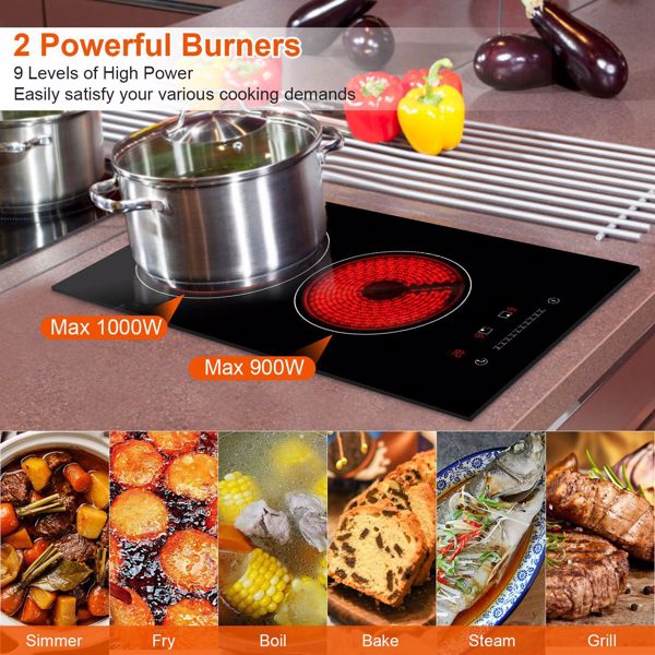Dual Induction Burners Electric Cooktop 110V Total 1900W Electric Stove Built-in Electric Ceramic Stove with Timer Setting 9 Firepower Levels Over Heating Protection