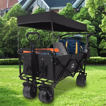 Foldable Wagon with Removable Canopy & Cooler Bag - Heavy Duty Collapsible Wagon Utility Cart with 4\\" All-Terrain Wheels for Camping Beach Garden, Black