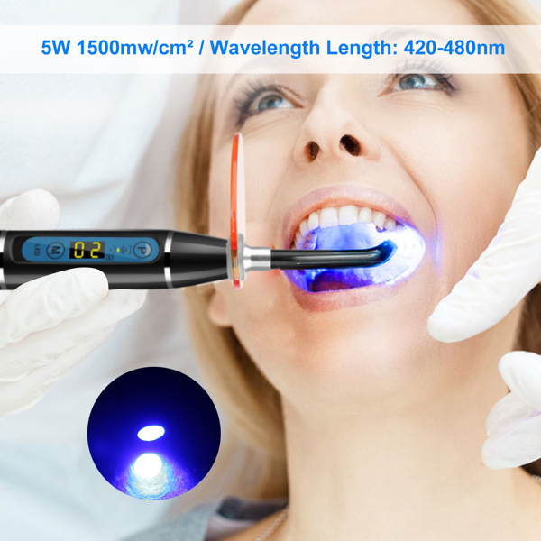 Cordless dental LED curing light features constant high light output for fast and smooth resin material curing including composites and sealants.