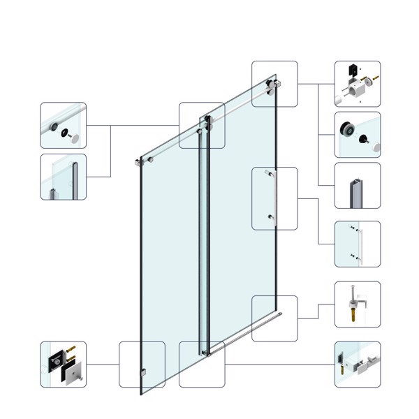54*76“固定和滑动淋浴门，圆管五金件，透明玻璃淋浴门，3/8”（10mm）SGCC钢化玻璃，不锈钢[周末无法发货+LTL]-8