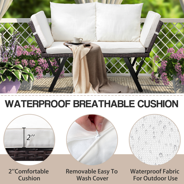 Outdoor Sofa, Woven Rattan Patio Furniture, Convertible Daybed or Double Chair with Adjustable Armrests, Cushions and Pillows for Yard Porch Pool, Gray Lounger & Beige Cushion