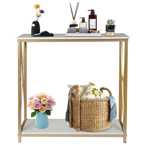 2-Tier Console Table, Gold Sofa Entry Table with White Top and Gold Metal Frame for Home