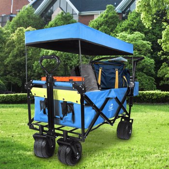 Foldable Wagon with Removable Canopy & Cooler Bag - Heavy Duty Collapsible Wagon Utility Cart with 4\\" All-Terrain Wheels for Camping Beach Garden, Green Yellow