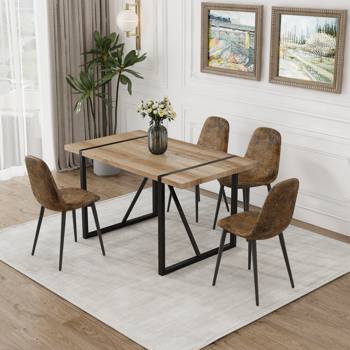 55\\" MDF Wood Colour Dining Table and Modern Dining Chair Set of 4, Mid Century Wooden Kitchen Table Set, Metal Base & Legs, Dining Room Table and Suede Chairs 