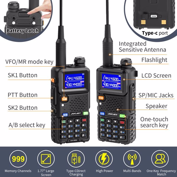 BAOFENG 5RH Ham Long Rang Walkie Talkies 10W (Upgraded of UV-5R), 999CH One Key Frequency Match, 2500mAh Battery Rechargeable Walkie Talkies, Charging (1PCS)