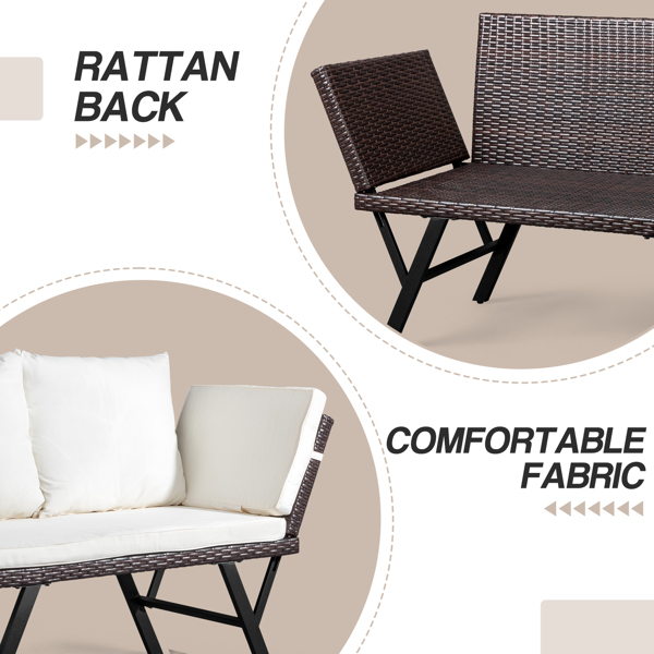 Outdoor Sofa, Woven Rattan Patio Furniture, Convertible Daybed or Double Chair with Adjustable Armrests, Cushions and Pillows for Yard Porch Pool, Gray Lounger & Beige Cushion