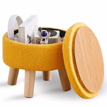 Storage Ottoman, Modern Round Footrest with Soft Padded Seat, Teddy Velvet Footstool with Wood Legs, Accent Small Table or Plant Stand for Hallway, Living Room (Brilliant Yellow)（Temu仅自提）