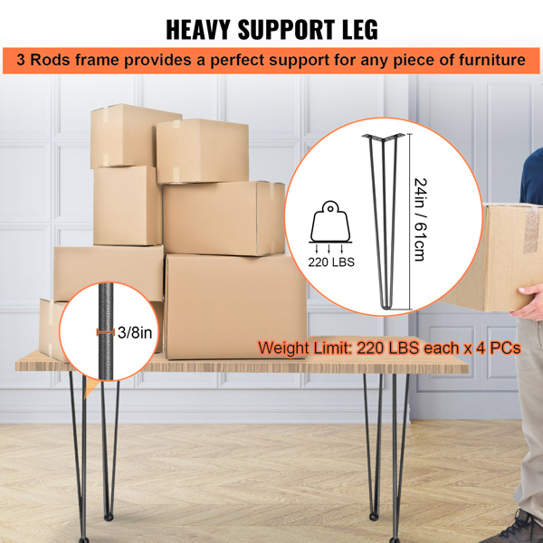 24 Inch Heavy-Duty Hairpin Table Legs 4-Pack - 880 lb Total Capacity (220 lb Each) - 3-Bar Carbon Steel Construction for Dining Table, Long Desk & Chairs - DIY Furniture Legs in Black Matte Finish