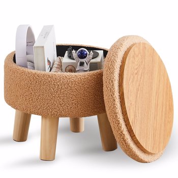 Storage Ottoman, Modern Round Footrest with Soft Padded Seat, Teddy Velvet Footstool with Wood Legs, Accent Small Table or Plant Stand for Hallway, Living Room (Champagne)（Temu仅自提）