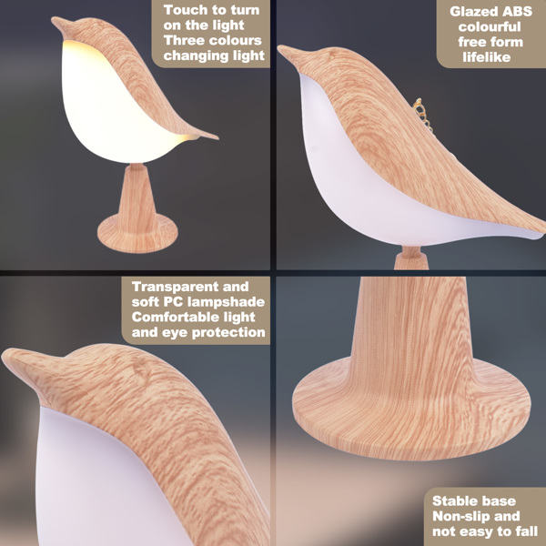 Touch Bird LED Table Lamp Cordless Desk Light 3 Level Brightness 6W USB Charging