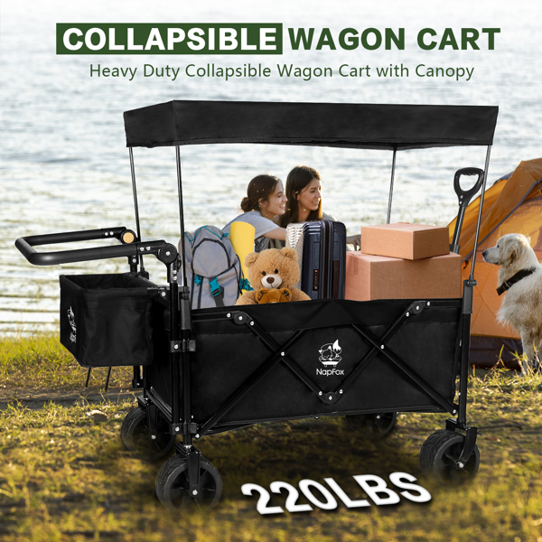 Heavy Duty Collapsible Wagon, Foldable Wagon with Removable Canopy, Foldind Wagon Cart with Wheels for All-Terrain with Brake, for Beach Camping Shopping