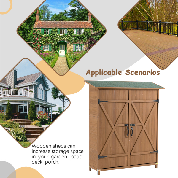 Outdoor Storage Shed with Lockable Door, Wooden Tool Storage Shed with Detachable Shelves and Pitch Roof, Brown