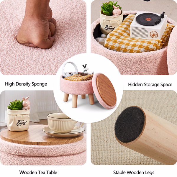 (原sku:27391014) Storage Ottoman, Modern Round Footrest with Soft Padded Seat, Teddy Velvet Footstool with Wood Legs, Accent Small Table or Plant Stand for Hallway, Living Room (Pink)（Temu仅自提）