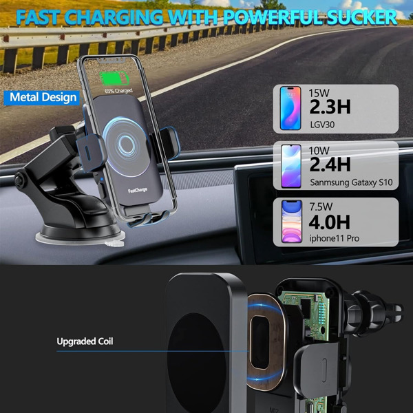 Newest Wireless Car Charger, Fast Charging Phone Holder 3 in 1 Phone Mount Auto Clamping Car Accessories