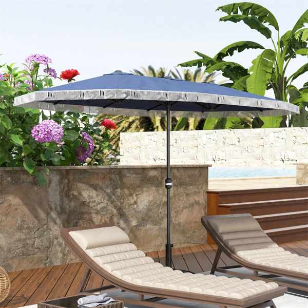 15ft  Blue Patio Umbrella UPF30+ Outdoor Umbrella with Fringe and Crank Handle