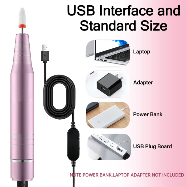 30000rpm USB USB指甲钻机用于丙烯酸指甲凝胶抛光磨制平滑愈伤组织修指甲机甲美术沙龙设备（粉红色）-3