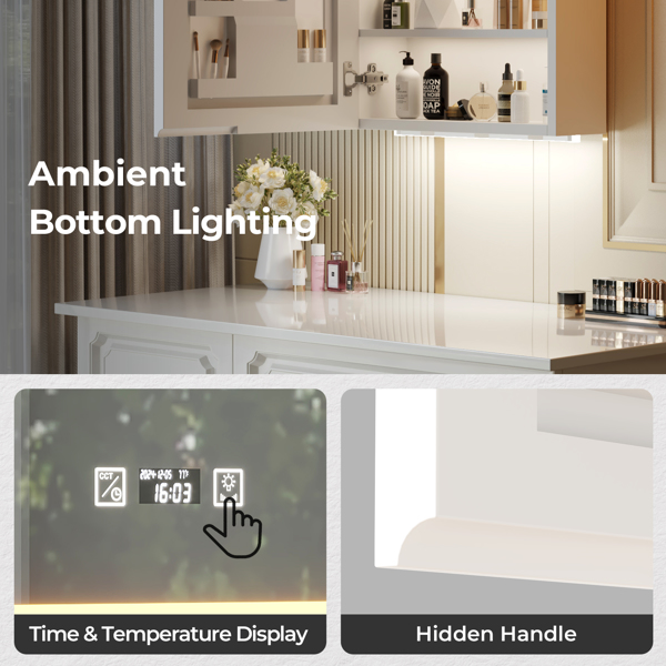 FCH White  LED Mirror Cabinet (20*28 inches), 1 Door, 4 Shelves, with Time & Temperature Display, Three-color Lighting, Adjustable Brightness, Power-off Memory Bottom Atmosphere Light