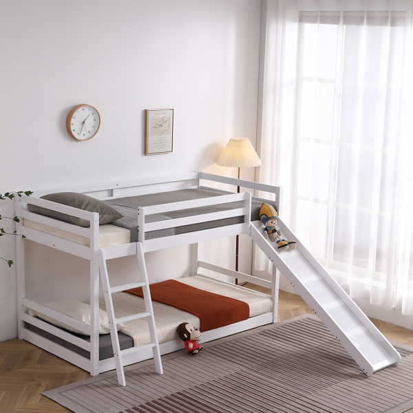 Elevated Cross Guard Rail with Slide Twin Pine Wooden Bed White