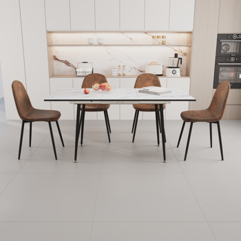 47\\"-63\\" extendable MDF modern dining table and chair set, suitable for 2-6 people, white dining table and modern brown round dining chair 4-piece set, metal base and suede chair 