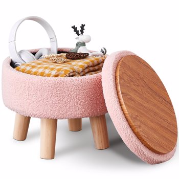 Storage Ottoman, Modern Round Footrest with Soft Padded Seat, Teddy Velvet Footstool with Wood Legs, Accent Small Table or Plant Stand for Hallway, Living Room (Pink)（Temu仅自提）