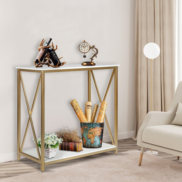 2-Tier Console Table, Gold Sofa Entry Table with White Top and Gold Metal Frame for Home
