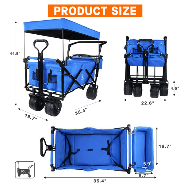 Foldable Wagon with Removable Canopy & Cooler Bag - Heavy Duty Collapsible Wagon Utility Cart with 4