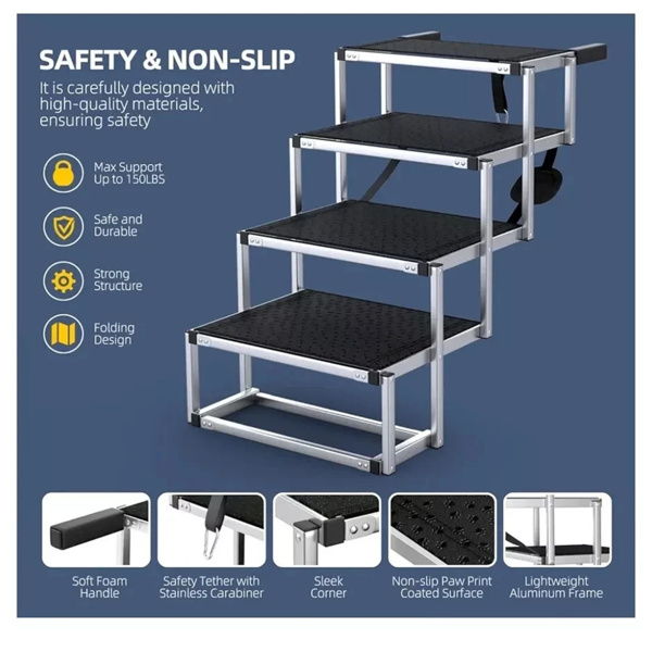  4-step dog staircase, with aluminum folding dog steps for cars