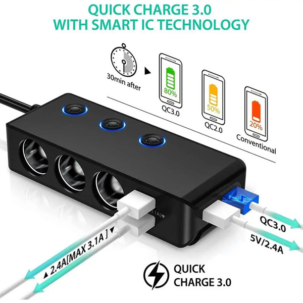 Car Charger Splitter 200W 3 Socket Cigarette Lighter Adapter with PD30W USB-C Multi USB Car Charger DC Outlet