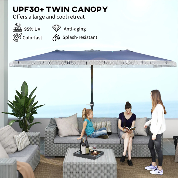15ft  Blue Patio Umbrella UPF30+ Outdoor Umbrella with Fringe and Crank Handle