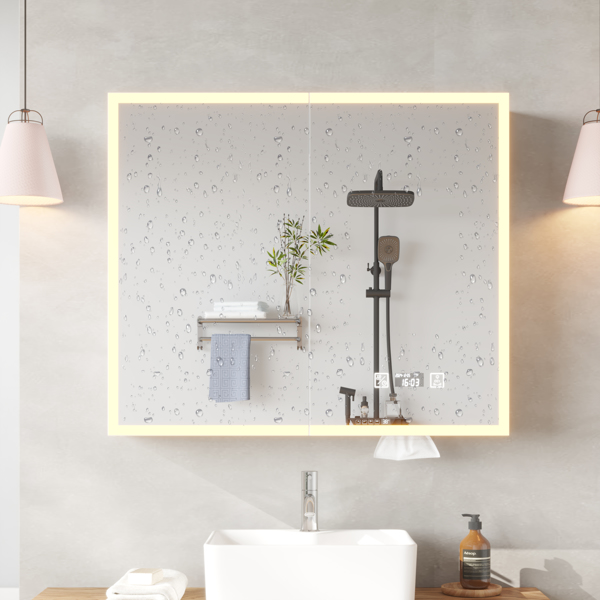 FCH White  LED Mirror Cabinet (32*28 inches), Double Doors, 7 Shelves, with Time & Temperature, Three-tone Lighting, Power-off Memory, Defogging, 