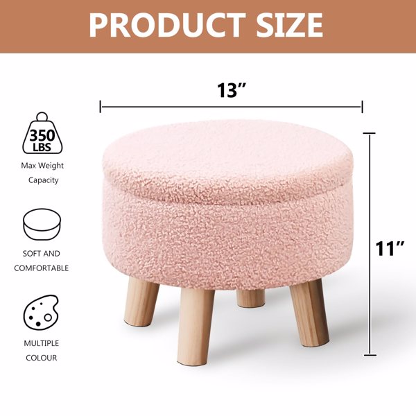(原sku:27391014) Storage Ottoman, Modern Round Footrest with Soft Padded Seat, Teddy Velvet Footstool with Wood Legs, Accent Small Table or Plant Stand for Hallway, Living Room (Pink)（Temu仅自提）
