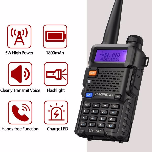  BAOFENG UV-5R Ham Radio Long Range UV 5R Two Way Radio Dual Band 5W  Walkie Talkie Handheld Rechargeable High Power 1800mAh Li-ion Battery and Earpiece（2pcs）