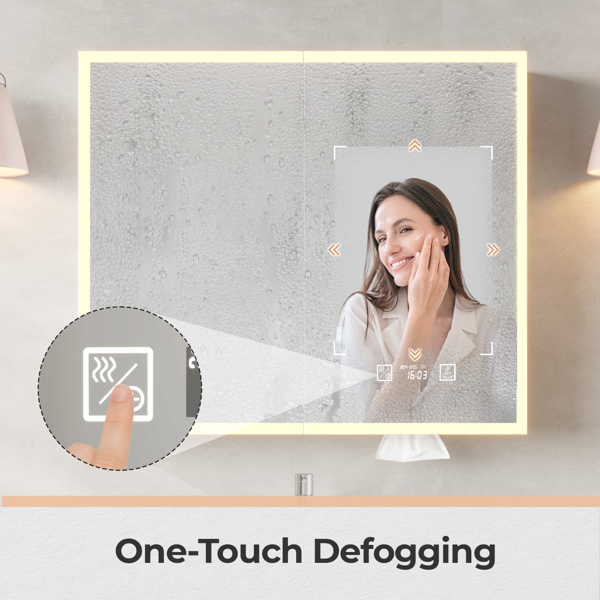 FCH White  LED Mirror Cabinet (32*28 inches), Double Doors, 7 Shelves, with Time & Temperature, Three-tone Lighting, Power-off Memory, Defogging, 
