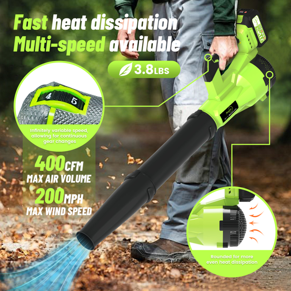 Leaf Blower Cordless, 400CFM &200MPH Brushless Motor Electric Leaf Blower with 2X 21V 4.0Ah Battery Powered ，5 Speed Powerful Blowing Ideal for Lawn Care & Yard Blowing Leaves, Snow（FBA delivery)