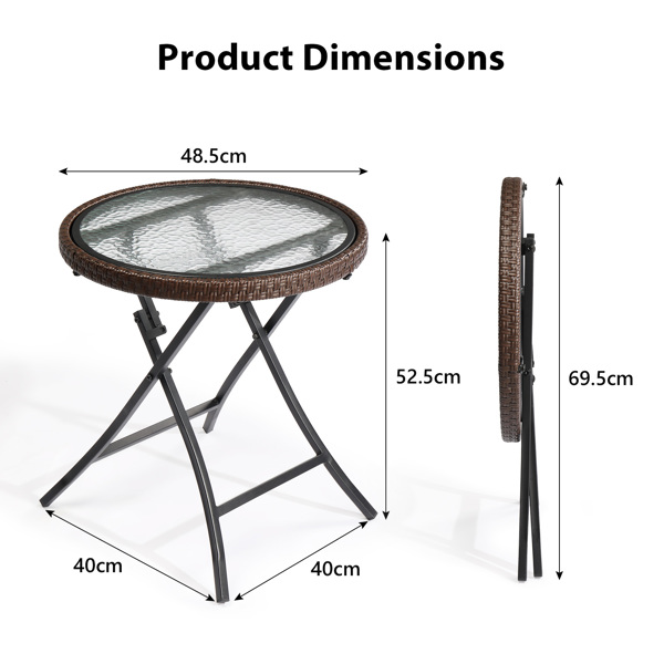 Outdoor Side Table, Round Rattan Patio Side Table, Small Foldable Wicker Table with Tempered Glass Table Top for Lawn Garden Balcony Porch Deck Pool, Brown