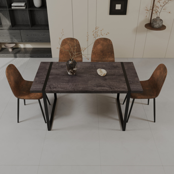 59\\" MDF black wooden dining table and modern dining chair set of 4 pieces, medieval wooden kitchen dining table set, black rectangular metal base, dining table and suede chair set 
