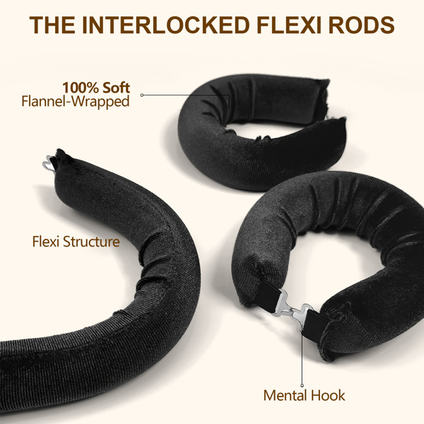 Overnight Heatless Hair Curler, Heatless Curls Satin Flexi Rods with Hook, Versatile Curling Tool for All Hair Types - Black
