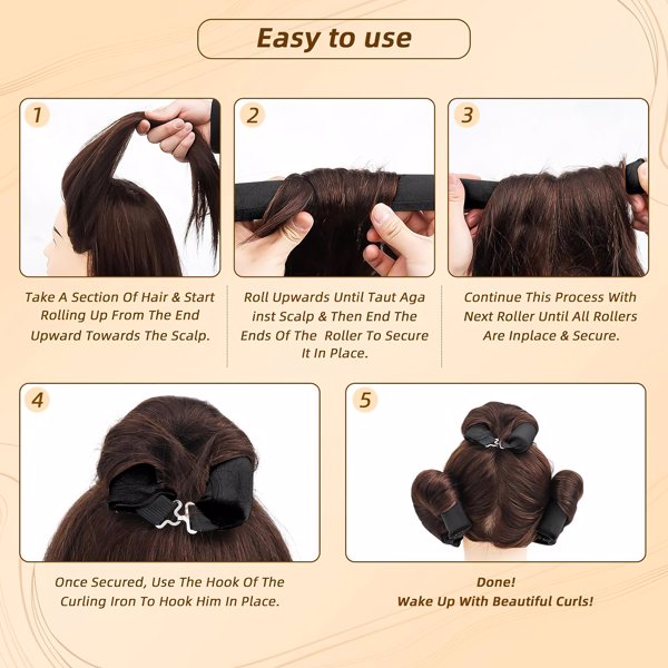 Overnight Heatless Hair Curler, Heatless Curls Satin Flexi Rods with Hook, Versatile Curling Tool for All Hair Types - Black