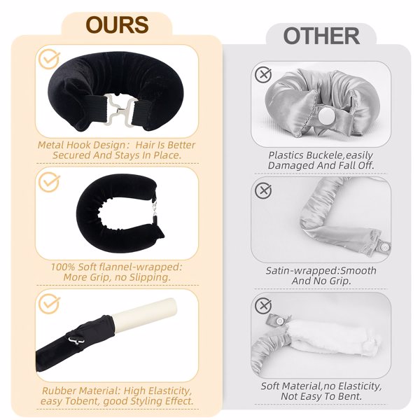 Overnight Heatless Hair Curler, Heatless Curls Satin Flexi Rods with Hook, Versatile Curling Tool for All Hair Types - Black