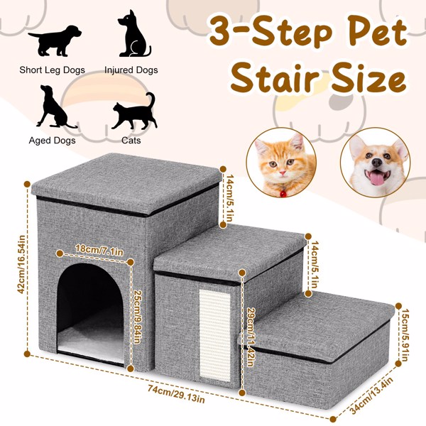 Dog Stairs for Bed and Couch 42cm H, Foldable Dog Stairs for Small Older Dogs Cats, 4 in 1 Adjustable Pet Cat Stairs Steps with Storage, Dog Ramps with Condo, Cat Scratcher, Hold Up to 180LBS
