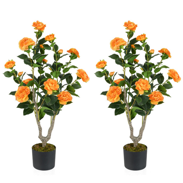 2 Pack Orange Artificial Camellia Tree with Blooming Flower 